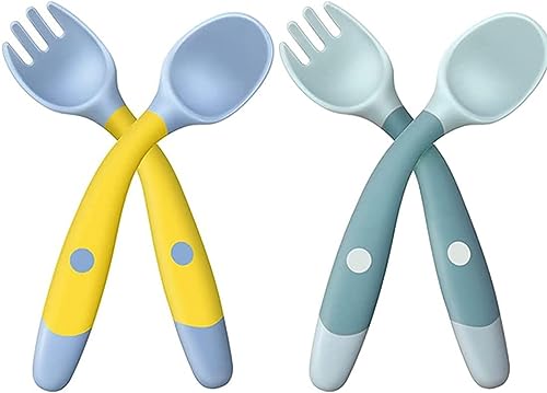 ZKSXOA Baby Fork and Spoon Set, 2 Pairs, Kid Cutlery, 360° Bendable Weaning Spoons, Silicone Baby Learning Spoons, Self-Feeding Weaning Spoons For Infant Toddler Children Kids(Blue and Yellow)