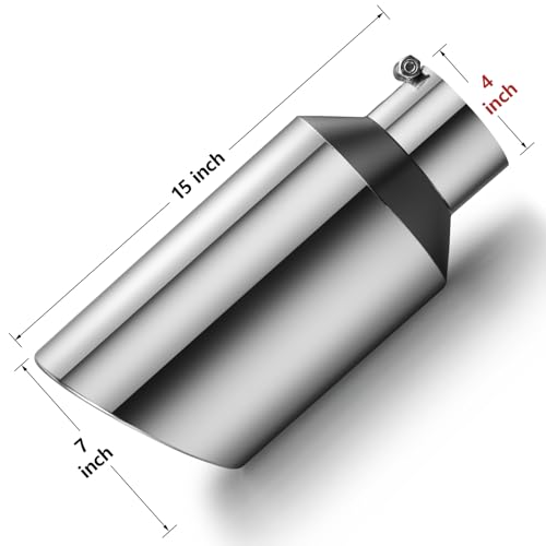 Image of Exhaust Tip 4 inch Inlet 7 inch Outlet 15 inch Long, High Performance Stainless Steel, Rustproof Polished Finish, Rolled Angle Cut, Bolt-On Diesel Tail Pipe, Universal for Car Truck