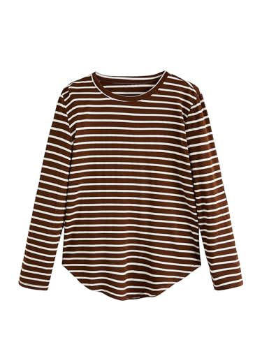 Image of Milumia Women's Elbow Patch Striped High Low Top T-Shirt White and Brown Large