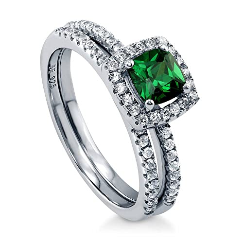 BERRICLE Sterling Silver Halo Wedding Engagement Rings Simulated Emerald Cushion Cut Cubic Zirconia CZ Ring Set for Women, Rhodium Plated - Main Image