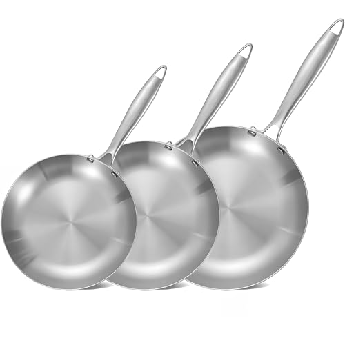 LOLYKITCH 22-26-30 CM Tri-ply Stainless Steel Frying Pan Set of 3,Skillet,Induction Cookware,Oven Safe and Riveted Handle.
