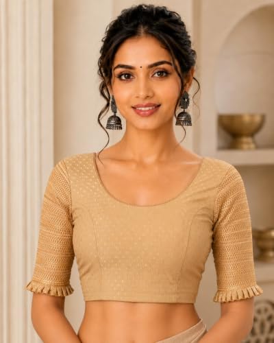 Image of SFT Round Neck Cotton Lycra Stretchable Laced Elbow Sleeves Readymade Saree Blouse for Women Stylish (Shibani