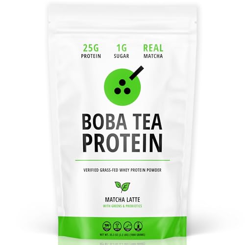 Boba Tea Protein Matcha Latte | 25g Grass-Fed Whey Protein Isolate Powder | Gluten-Free & Soy-Free Bubble Tea Protein Drink | Real Ingredients & Lactose-Free Protein Drink | 25 Servings
