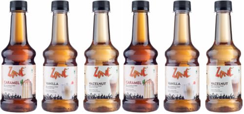 Image of Zone Premium Coffee Syrup Combo of 3 (300 ml x 3) - Caramel, Vanilla & Hazelnut Flavoured Syrups | Non-Alcoholic Cafe Style Syrup for Hot & Cold Coffee, Mocktails, Milkshakes, Desserts & Beverages | Ideal for Cafes, Restaurants, Cloud Kitchens & Home Use