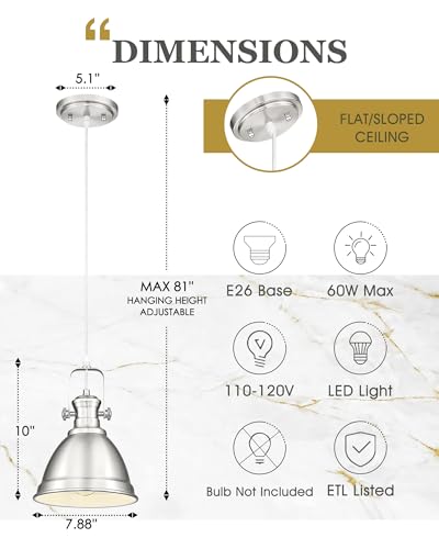 Image of 2-Pack 8 inch Brushed Nickel Pendant Light Kitchen Island, Metal Shade