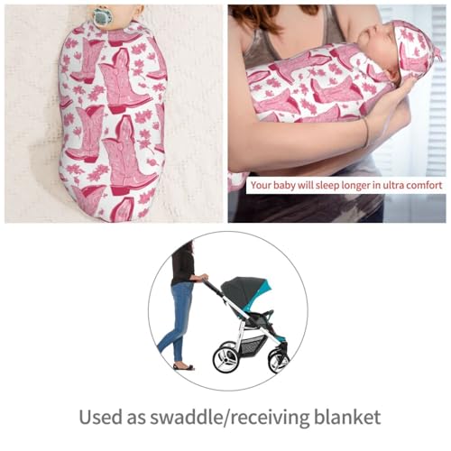 Image of Pink Cowgirl Boot Newborn Swaddle Blankets Hat Sets Soft Baby Receiving Blanket Swaddle Sack for Baby Shower Infant Boy Girl Gift