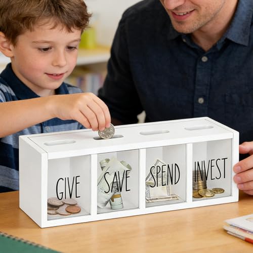 Hucha para niños transparente de pared con 4 compartimentos para organizar monedas y billetes 4