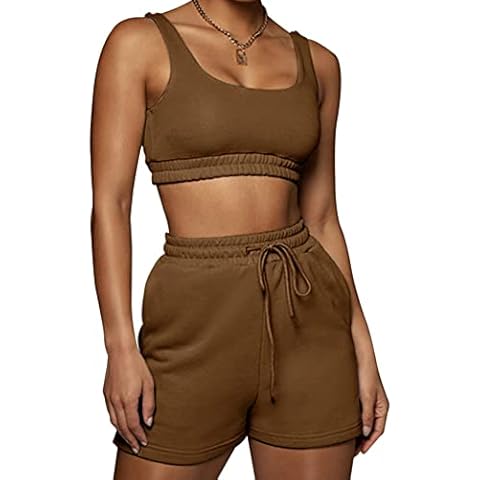 Meladyan Women 2 Pieces Solid U Neck Sports Crop Bra Vest Top Drawstring High Waist Shorts Sets Active Biker Sweatsuits - brown - Large Cover