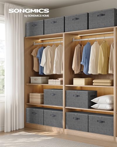 SONGMICS Aufbewahrungsbox mit Deckel, faltbare Stoffbox mit Griffen, Aufbewahrung für Kleidung, Vliesstoff, 3er Set, 50 x 30 x 30 cm, schiefergrau RZB050GN02
