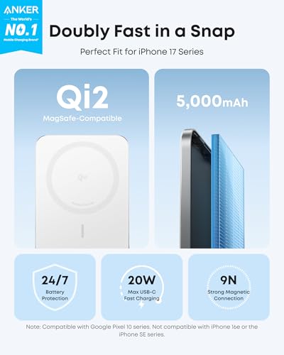 Image of Anker Nano MagSafe Portable Charger, Ultra-Slim 5,000mAh Magnetic Wireless Power Bank, Qi2-Certified 15W Max, Compact for Travel, Ergonomic Design, for iPhone 17 /16 Series, and More