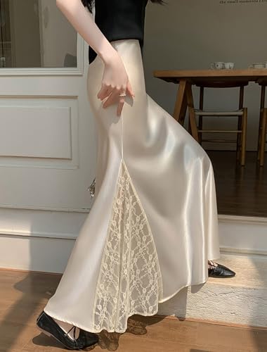Women's Satin Fishtail Skirt Elastic Waist Side Lace Slim Fit Flowing Hem Fashion Drape Hip Wrap Long Skirts4