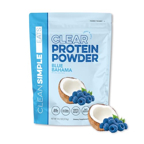 Image of Clean Simple Eats Clear Protein Drinks, 20g Grass Fed Whey Protein Isolate, Ultra Filtered, Light & Refreshing Beverage, Low Lactose, Blue Bahama Flavor, 20 Servings