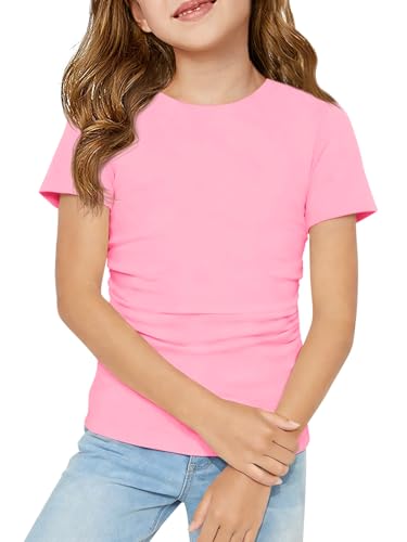 Haloumoning Girls Short Sleeve T Shirts Kids Ruched Side Slim Fit Tops Casual Crewneck Tees 5-14 Years Pink