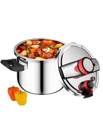 Pressure Cooker Stainless Steel 5.3 Qt, Small Pressure Pot with One-Hand Locking Lid, Dual Locking Safety System, Gas Stovetop Compatible