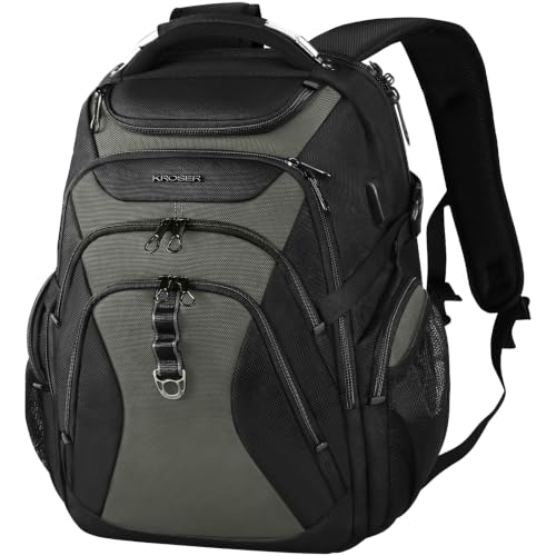 Image of KROSER Travel Laptop Backpack 18.4 Inch XXXL Gaming Backpack with Hard Shell Saferoom RFID Pockets Water-Repellent Business College Daypack Stylish Laptop Bag for Men /Women-Black Army Green