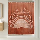 Sunrise extra langer Duschvorhang, Bohemian-Stil, minimalistische Wellen, Strahlen, Sommer, Terrakotta, waschbar, mit Haken, Toilettenstoff, Duschvorhänge für Zuhause, Badezimmer, WC, Hotel