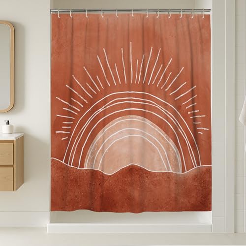 Sunrise extra langer Duschvorhang, Bohemian-Stil, minimalistische Wellen, Strahlen, Sommer, Terrakotta, waschbar, mit Haken, Toilettenstoff, Duschvorhänge für Zuhause, Badezimmer, WC, Hotel
