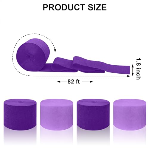 Image of 4 Crepe Paper Streamers Rolls, 328ft Pack of Purple and Dark Purple Crepe Paper for Women Girls Birthday Mothers Day Wedding Baby Showers Valentine's Day Party Decorations (1.8 inch x 82 ft /Roll)
