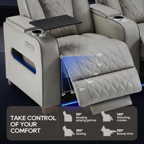 Image of Luxury Home Theater Seating - Power Recliner with Adjustable Headrests, Blue LED Ambient Lighting, Tray Table, USB & Type-C Charging (Grey,4 Seat)
