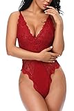 Evelife Body Encaje Mujer Sexy Teddy Bodysuit Ropa Interior V Profundo Snap Crotch Ropa de Dormir Lencería Transparente(Vino Tinto L)