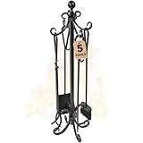 5 Pieces Scroll Fireplace Tools Set Black Cast Iron Fire Place Toolset with Log Holder Fireset Fire Pit Stand Rustic Tongs Shovel Antique Broom Chimney Poker Wood Stove Hearth Accessories Set