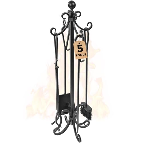 AMAGABELI GARDEN & HOME 5 Pieces Fireplace Tools Set Heavy Duty Black Cast Wrought Iron Tool Set with Log Holder Fire Set Stand Scroll Rustic Antique Accessories Set