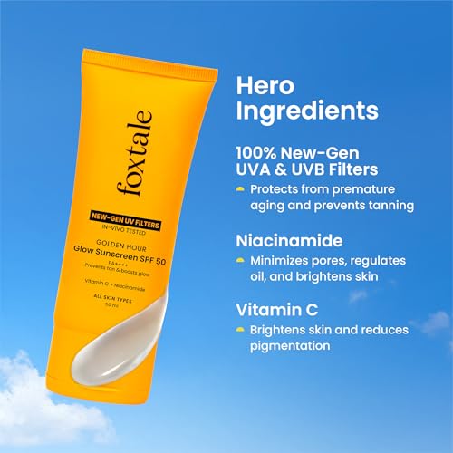 Image of Foxtale Glow Sunscreen SPF 50 PA++++ with Vitamin C & Niacinamide, In-Vivo Tested, Sensitive-Skin Friendly, Made with 100% New-Gen Filters, Lightweight, Non-Greasy, No White Cast |For Men & Women 50ml