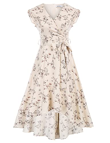 JASAMBAC Women's Floral High Low Dress for Wedding Guest Flowy Bohemian Empire Waist Swing Dress with Belt