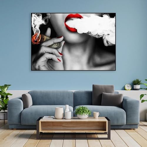 Póster de mujer con labios rojos, pintura al óleo, impresión de cuadros, retro vintage, mujer fumadora, pintura en lienzo, decoración de dormitorio, 30 x 50 cm, sin marco