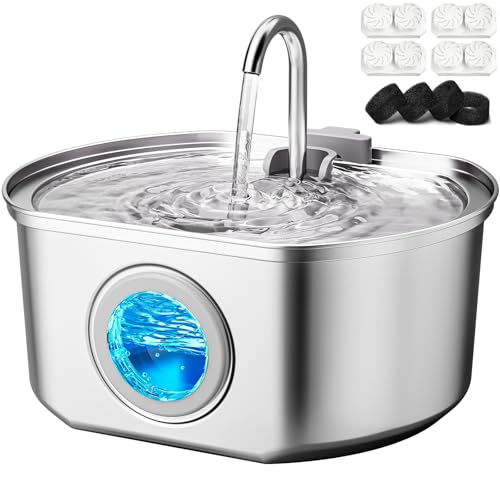 Cat Water Fountain Stainless Steel: 109oz/3.2L Cat Fountain for Drinking - Pet Water Fountain Inside - Automatic Dog Watering Dispenser Bowl - Pet Feeding & Watering Supplies - Water Level Window