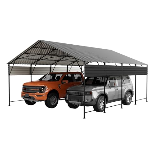 Image of Greesum 20x20FT Heavy Duty Carport, Vertical Roof & Side Supports, Black | All-Weather Watertight Seal | 20x20FT Heavy Duty Frame | 70kg /m Snow Resistance | Fits Full-Size Trucks & Boats