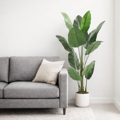 Image of Garden Art Artificial Traveller's Palm Plant with White Pot | 120 cm Real Touch Natural Looking Indoor Plant for Home, Office & Living Room Decor | 12 Leaf Branches (GAJW3538)