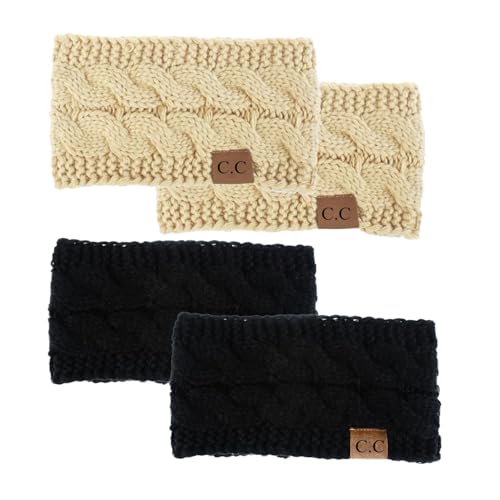 Fengea Winter Headbands for Women Wool 2 Pack, Ear Warmers for Women Headband Knit Thick Fleece Lined, Cold Weather Warm Ear Muffs, Black+Beige