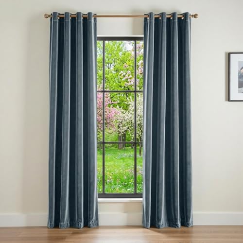 Image of Blackout Dark Slate Velvet Curtains Grommet 52x90 Inch 2 Panels | Soft Velvet, For Bedroom & Living Space, Light Shifting Texture, Elegant Drape, Serene, Fresh