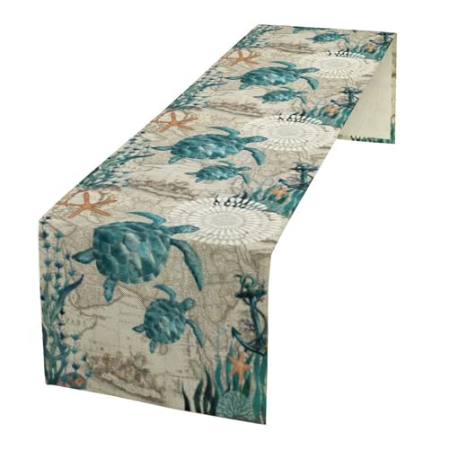 Sea Turtle Table Runner,Nautical Coastal Teal Blue Ocean Theme Summer