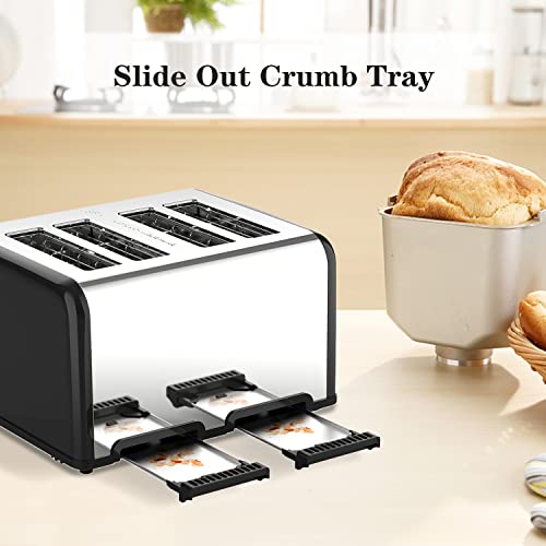 Toaster 4 Slice,1.5"Extra Wide Slot Stainless Toaster With Bagel Defrost Cancel Function, Dual Screen, Removal Crumb Tray (Black) #TOP4