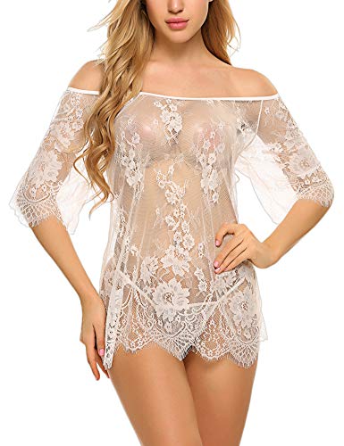 Avidlove Women Sexy Lingerie Cold Shoulder Eyelash Lace Babydoll(White,L)