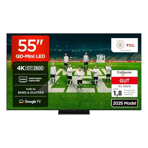TCL 55Q7C 55 Zoll QD-Mini LED-Fernseher, 4K HDR Premium 2600, Smart Google TV (Dolby Vision IQ & Atmos, HVA-Panel, Audio von Bang & Olufsen, 144Hz Motion Clarity Pro, Game Master)