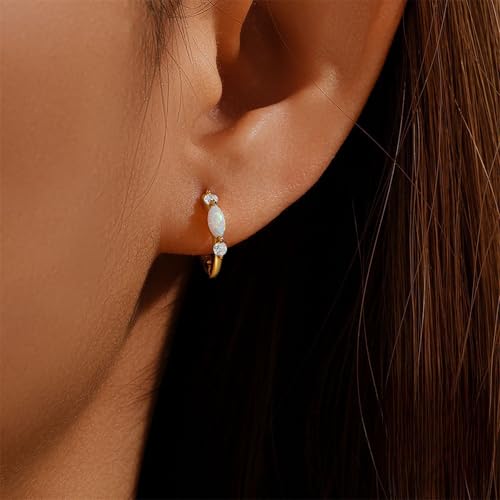 14K Gold Plated Opal Huggie Earrings for Women, Minimalist Small Hoop Earrings with Zircons2