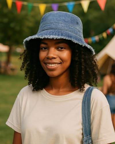 Image of Zylioo Oversized Denim Bucket Hat, XXL XL L M Fisherman Sun Hat with Chin Cord, Washed Jean Packable Summer Travel Hat