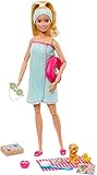Barbie Spa Doll, Blonde, with Puppy and 9 Accessories, Including Neck Pillow, Rubber Duck and Cucumber Eye Masks, Gift for Kids 3 to 7 Years Old