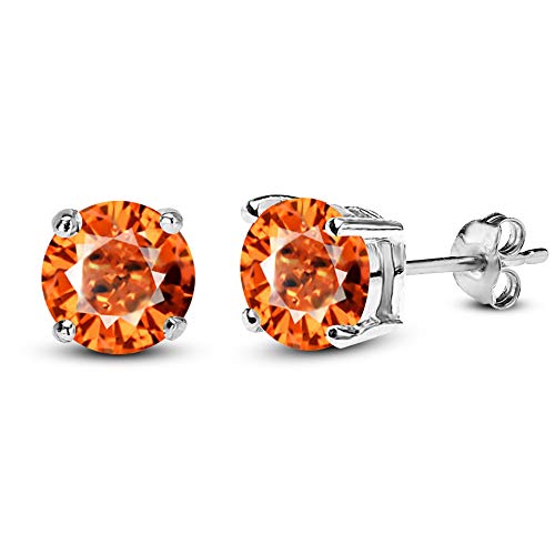 Round Orange Sapphire 925 Silver Stud Solitaire Earrings In 18K White Gold Plated