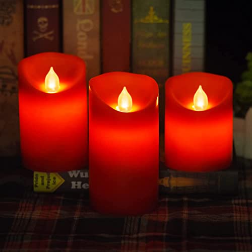 Image of Flameless Battery Operated Flickering Candles:3PACK Red Real Wax Pillar Candle,Electric LED Candle with 10-Key Remote Control and 24 Hours Timer for Home Decoration Holiday Party