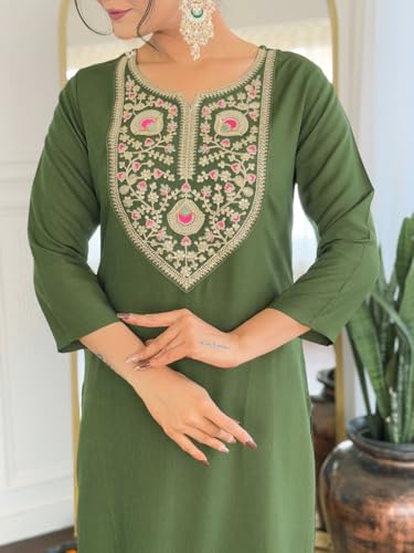 Image of Naixa Women's Rayon Embroidered Straight Kurta with Pant and Dupatta Sets (Available in Plus Size) (NX-696)