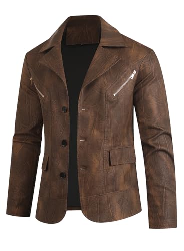 HOOD CREW Mens Casual Leather Blazer Vintage Lightweight Coat Button Closure Style Faux Leather Jackets for Men