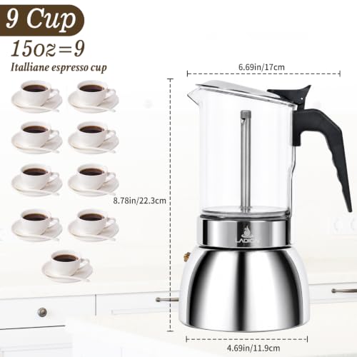 Image of LAOION Stovetop Espresso Maker, 9Cup 360ml Moka Pot, Cuban Coffee Make | Crystal Glass-top & Stainless Steel Coffee Maker Mocha Pot, Greca De Cafe, Cuban and Italian Coffee Maker for Cafetera Cubana