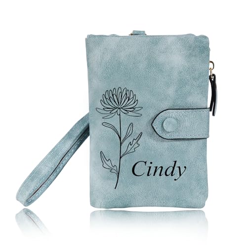 INBLUE Custom Leather Purse for Women Engraved Birth Flower with Name Ladies Wallet Small Tri-Fold Zipper Coin Purse with Wrist Strap Personalized Gift for Mom Mother's Day Birthday - Green