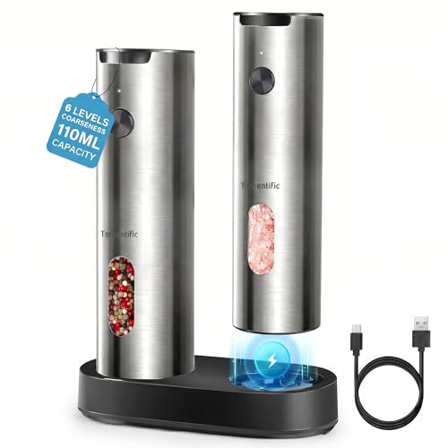 Ensemble de Moulins à Sel et Poivre Électriques Tomentific avec Socle de Rangement, Moulins en Acier Inoxydable avec Réservoir Lavable, Lumière LED...