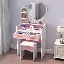 Large Pink Vanity Set with Heart Shaped Mirror, Princess Makeup Vanity Dressing Table with Storage Shelves & Drawers, Cushioned Stool Makeup Desk for Girls Women Bedroom
