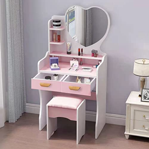 Pink Heart Mirror with Cushioned Stool